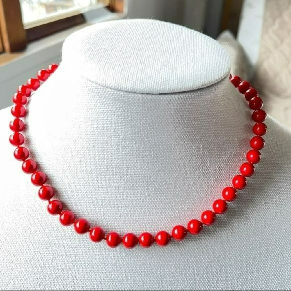 8mm Red Round Sea Shell Pearl Beaded Necklace 18in - Picture 6 of 13